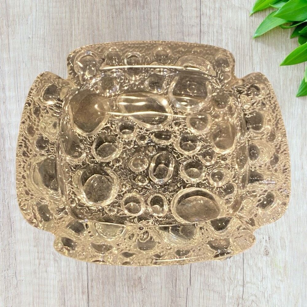 Clear Bubble Pebble Ashtray Crystal Glass Square Cobblestone Heavy VTG MCM Blenk